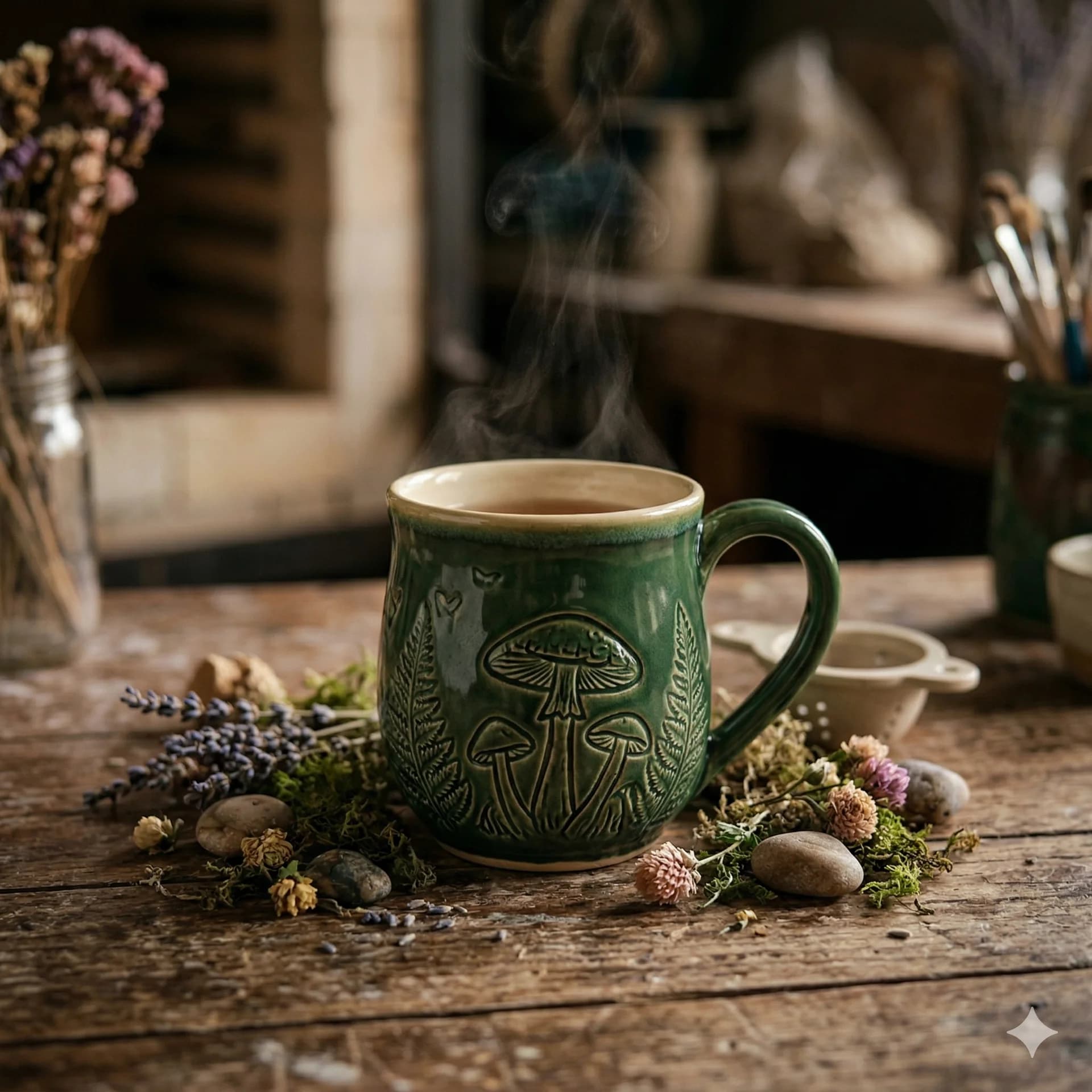 Gotowy kubek ceramiczny z rzeźbionymi grzybkami w zielonym szkliwie