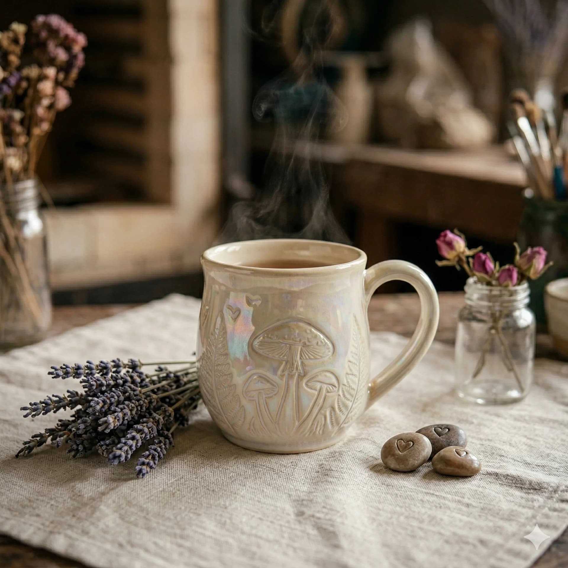 Gotowy kubek ceramiczny z rzeźbionymi grzybkami w opalizującym szkliwie