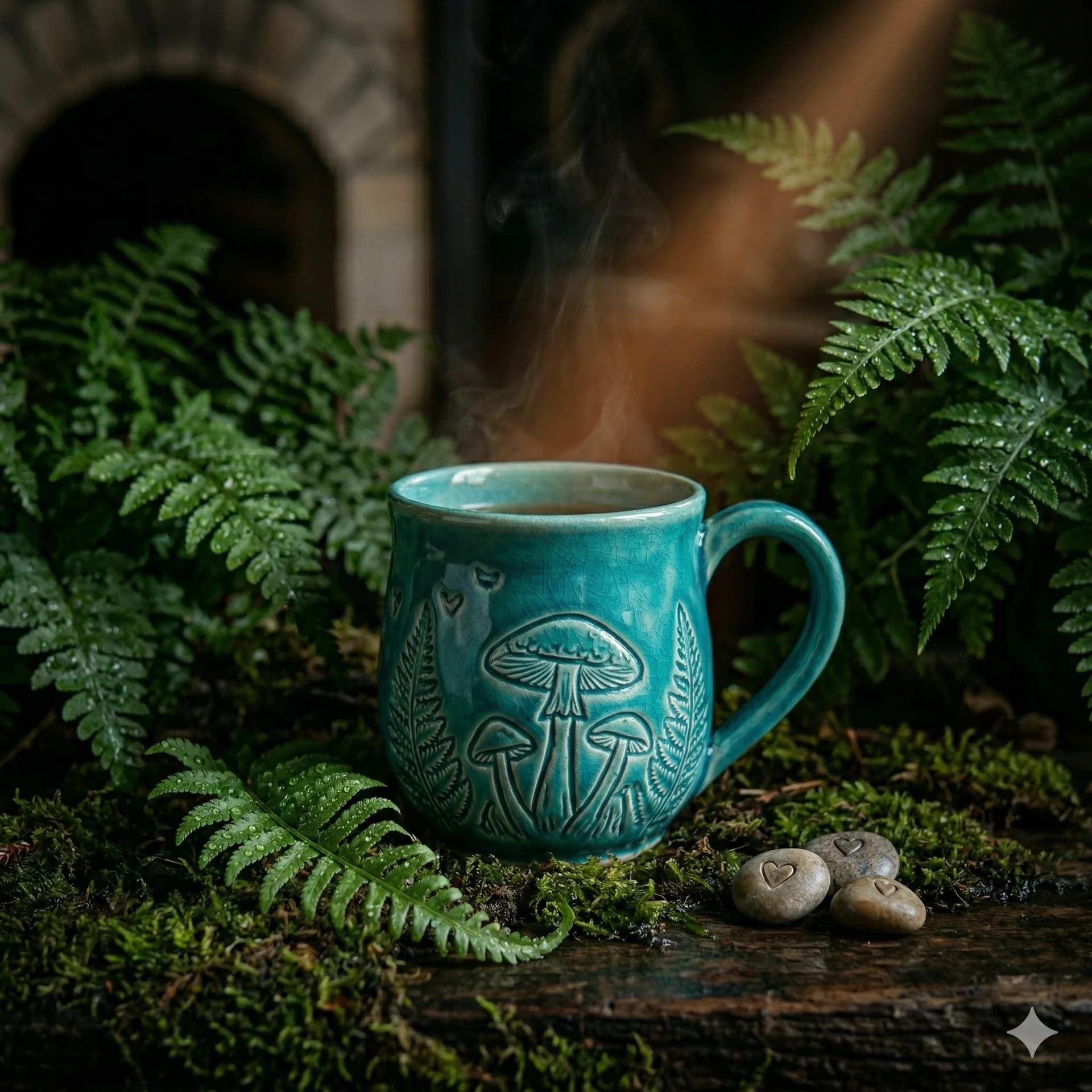 Gotowy kubek ceramiczny z rzeźbionymi grzybkami w turkusowym szkliwie