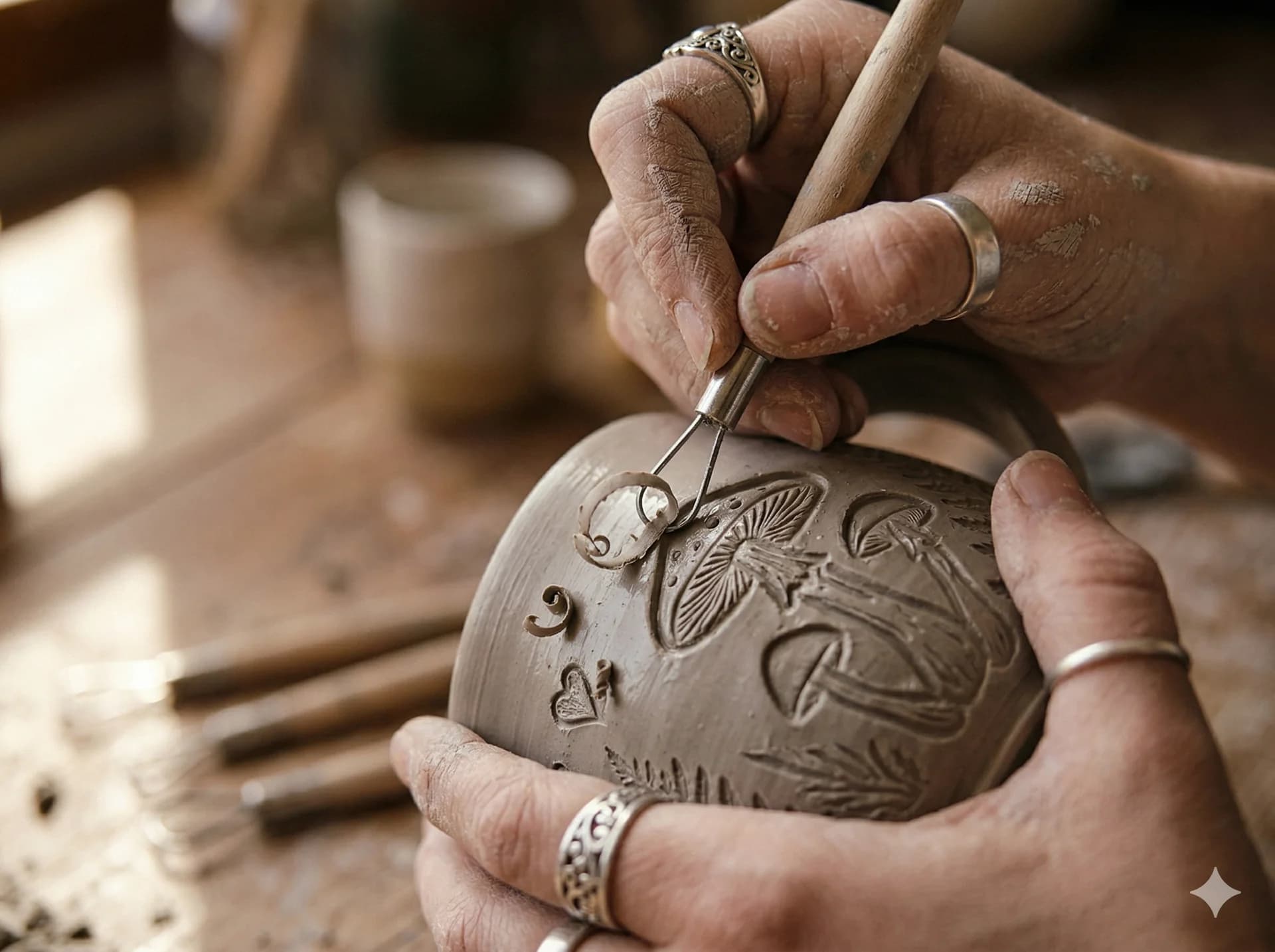 Rzeźbienie baśniowych detali grzybków i serduszek na kubku ceramicznym